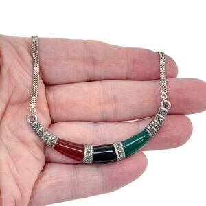 Estate Sterling Silver 925 Green & Black Onyx Carnelian Marcasite Necklace 18"